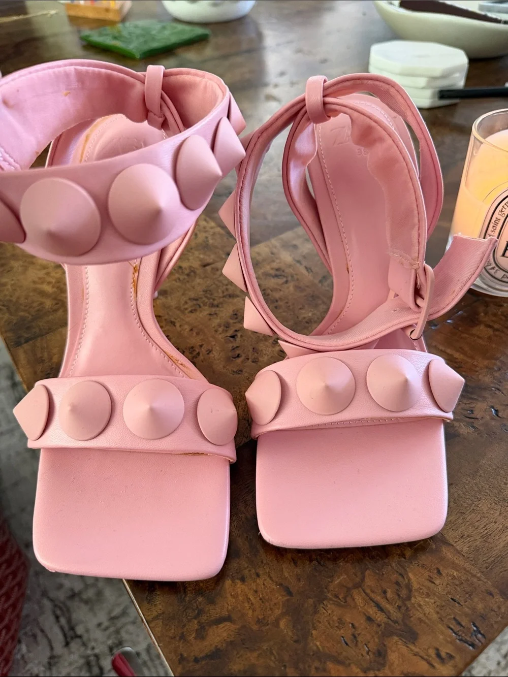 Pink Studded Ankle-Strap Heels - Women
